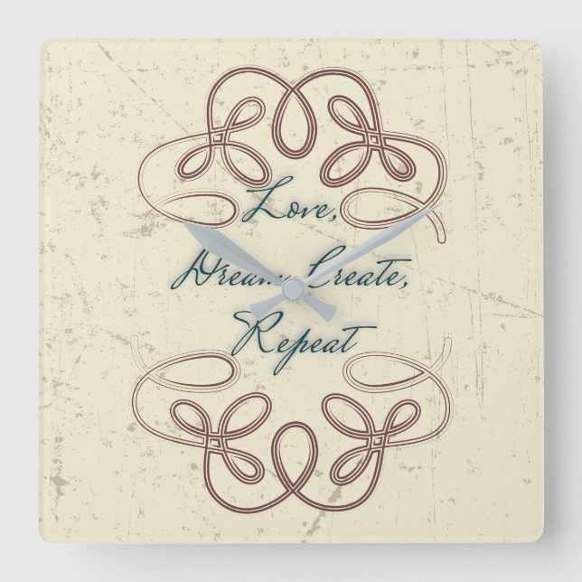 Reloj Cuadrado Amo, sueño, creación, repetición de diseño de folk (Anverso)