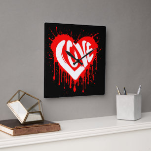 Reloj Cuadrado Amor Corazón Rojo Retro Día de San Valentín Texto 