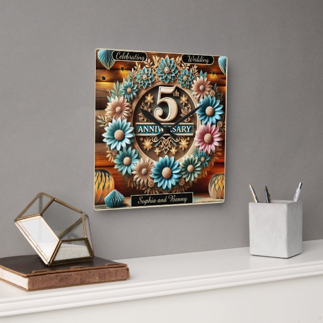 Reloj Cuadrado Amor eterno: Floral del quinto aniversario (Oficina)