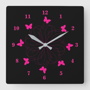 Reloj Cuadrado Amor Rosa: mariposas voladoras