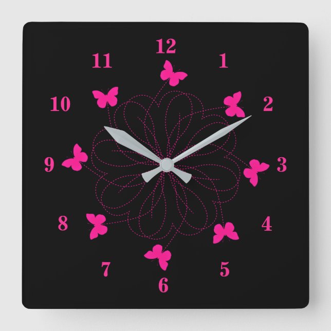 Reloj Cuadrado Amor rosa - Mariposas voladoras (Anverso)