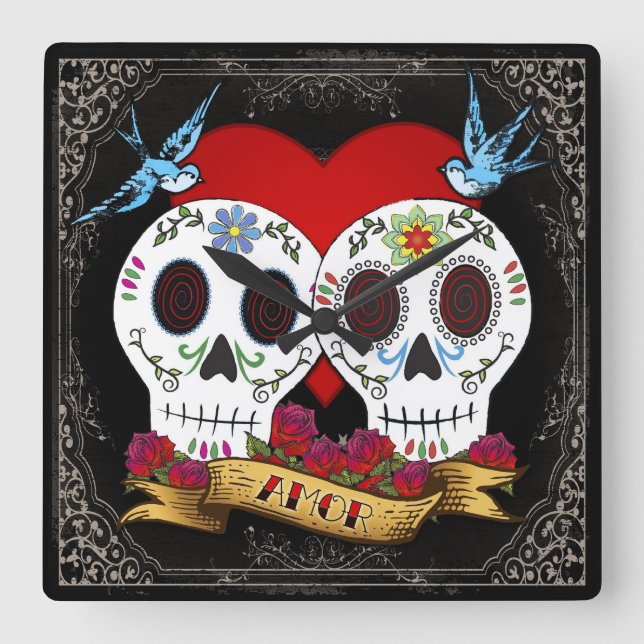 Reloj Cuadrado Amor Skulls Square Wall Clock (Anverso)