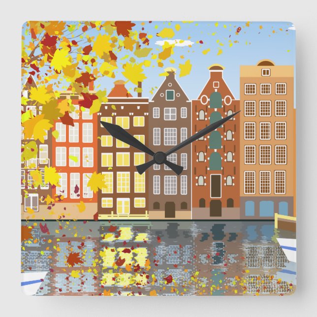 Reloj Cuadrado Amsterdam City Canal Autumn Colorful Wall Clock (Anverso)
