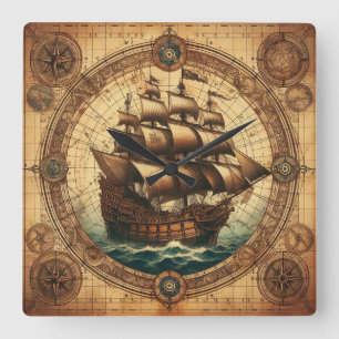 Reloj Cuadrado Anciano barco de vela pirata 3