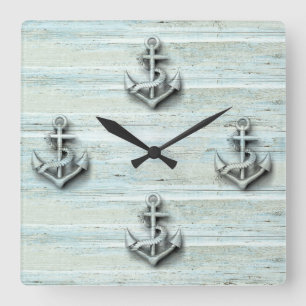 Reloj Cuadrado Ancla con clase náutica del vintage de madera