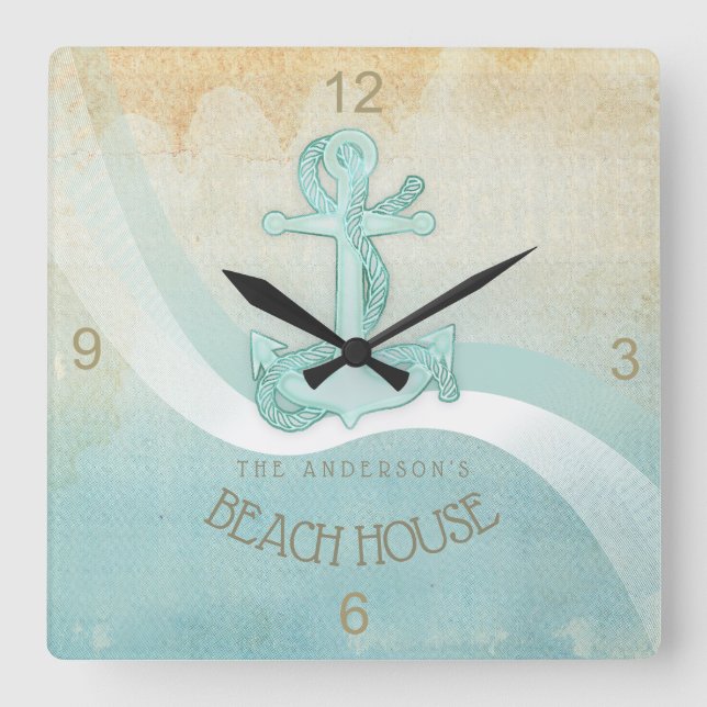 Reloj Cuadrado Ancla náutica de Beach House y Rope Aqua ID623 (Anverso)