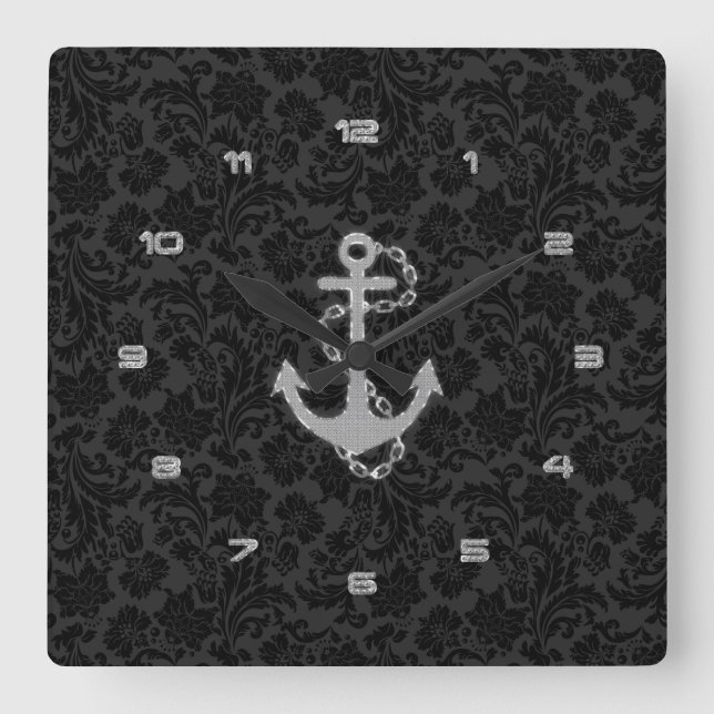 Reloj Cuadrado Ancla náutica del falso purpurina de plata (Anverso)