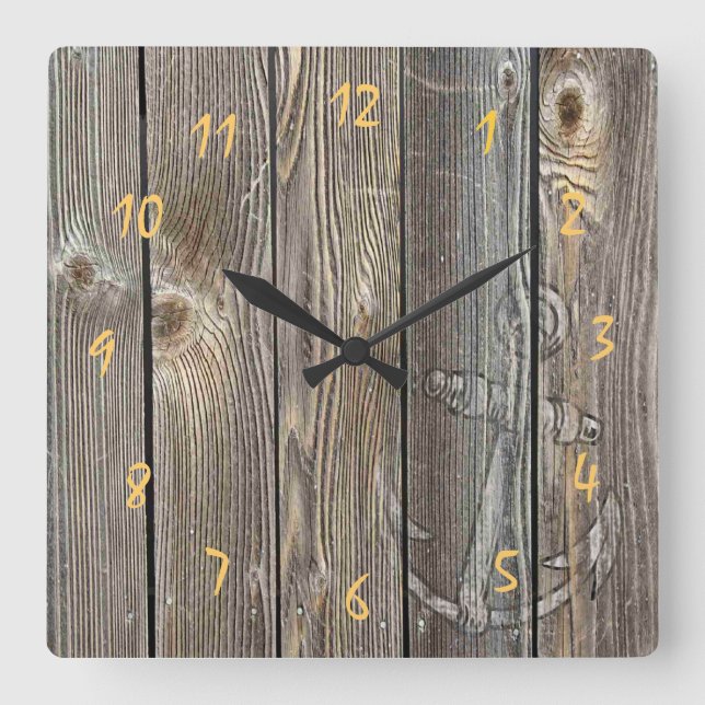 Reloj Cuadrado Ancla rústica y madera de aspecto auténtico (Anverso)