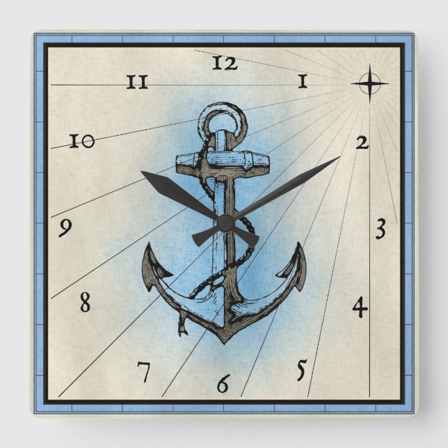 Reloj Cuadrado Ancla y papa con diseño de mapa, náutico (Anverso)