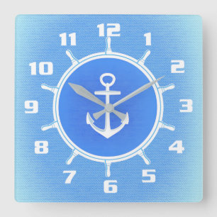 Reloj Cuadrado Ancla y rueda náutica azul pálido y blanco