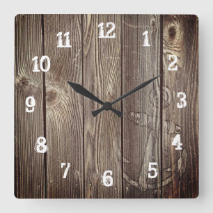 Reloj Cuadrado Anclaje Náutico Rústico Viejo Madera