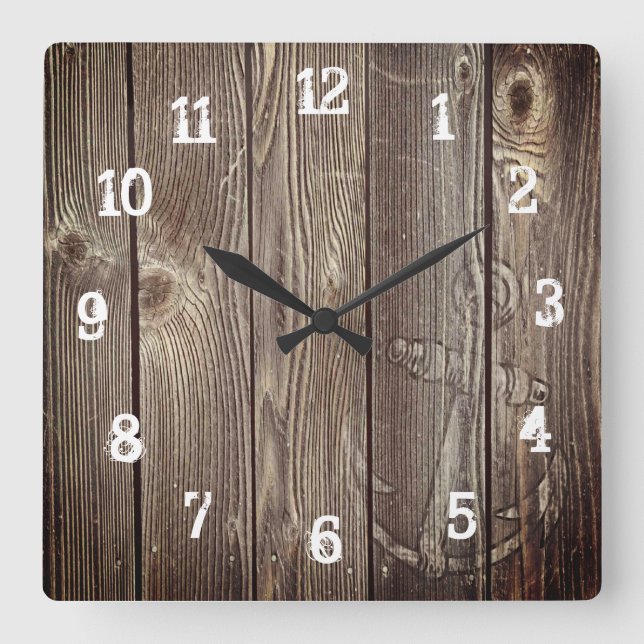 Reloj Cuadrado Anclaje Náutico Rústico Viejo Madera (Anverso)