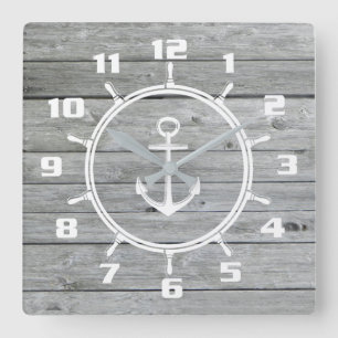 Reloj Cuadrado Anclaje Náutico Rústico y Rueda de Barco en Madera
