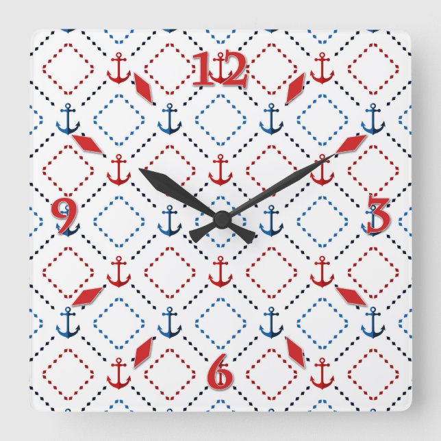 Reloj Cuadrado Anclajes azules, rojos, marinos (Anverso)
