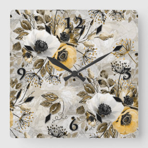 Reloj Cuadrado Anemones blancos, amarillos sobre fondo gris-marró