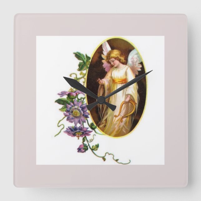 Reloj Cuadrado Ángel con arpa y flores de clemátide (Anverso)