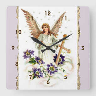 Reloj Cuadrado Ángel Con Flores Cruzadas Y Clematis