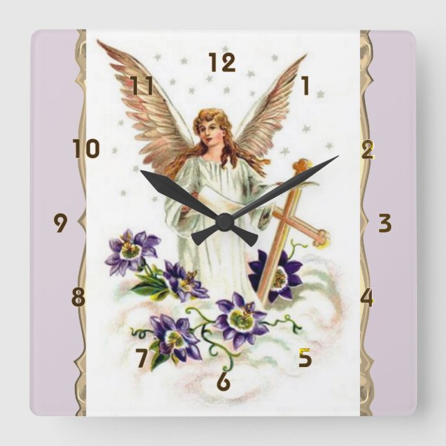 Reloj Cuadrado Ángel Con Flores Cruzadas Y Clematis (Anverso)