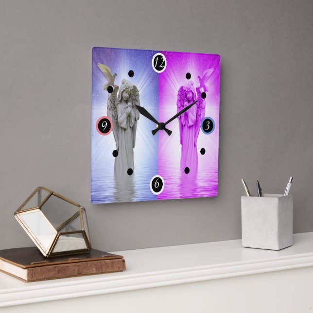 Reloj Cuadrado Ángel de día y noche rosado (Oficina)