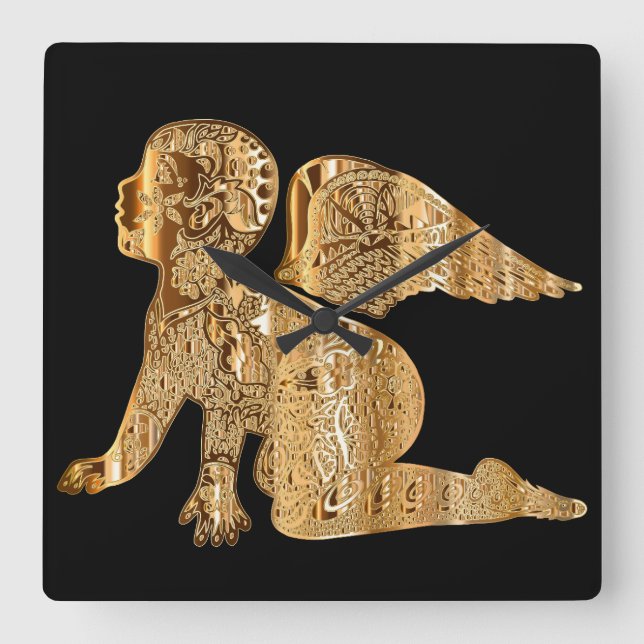 Reloj Cuadrado Ángel del bebé dorado brillante elegante negro (Anverso)