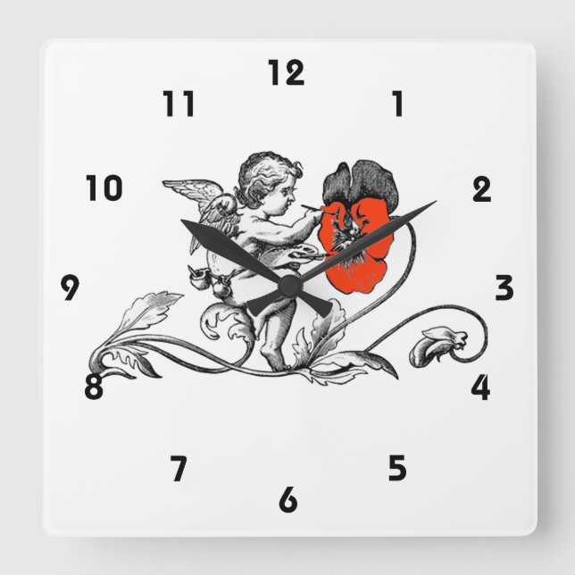 Reloj Cuadrado Angel Painting A Red Flower (Anverso)