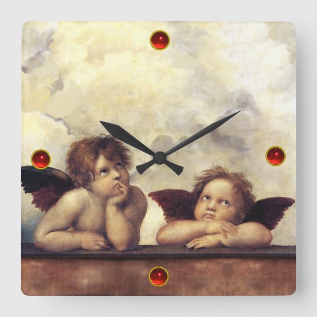 Reloj Cuadrado ANGELS / Cherubs alados, nubes Raffaello Sanzio (Anverso)