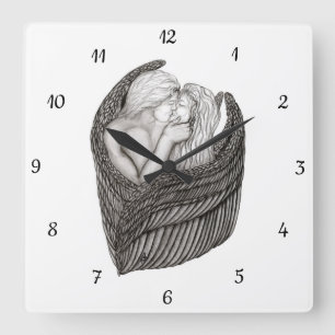 Reloj Cuadrado Angels Kissing , diseño en blanco y negro