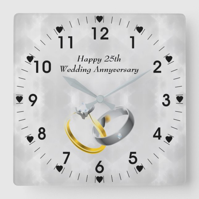 Reloj Cuadrado Anillos del 25° Aniversario del Boda de Plata (Anverso)