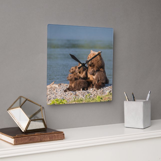 Reloj Cuadrado Animales de bebé más afectados | Madre Oso y Cubos (Oficina)