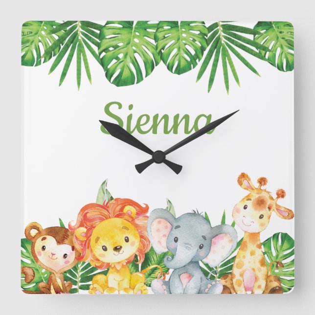 Reloj Cuadrado Animales de selva salvaje Safari Niños Chica decor (Anverso)