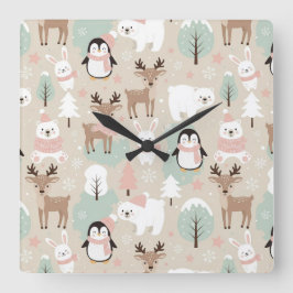 Reloj Cuadrado Animales del bosque caprichoso de invierno