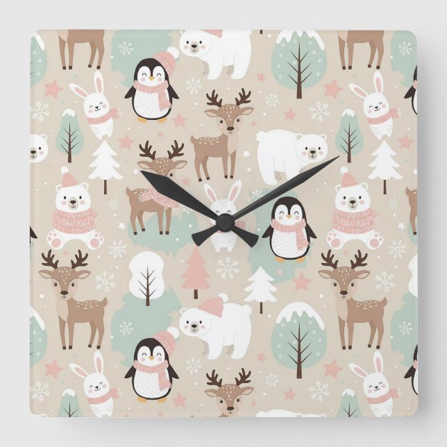 Reloj Cuadrado Animales del bosque caprichoso de invierno (Anverso)