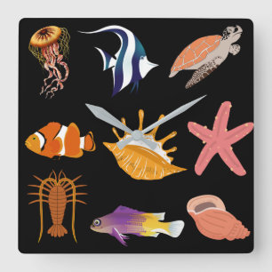 Reloj Cuadrado Animales marinos: peces, tortugas, conchas marinas