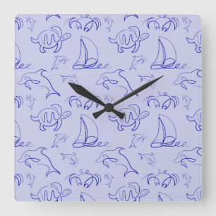 Reloj Cuadrado Animales marinos y patrón de dibujo de una línea