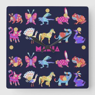 Reloj Cuadrado Animales mexicanos de Alebrije personalizados arte