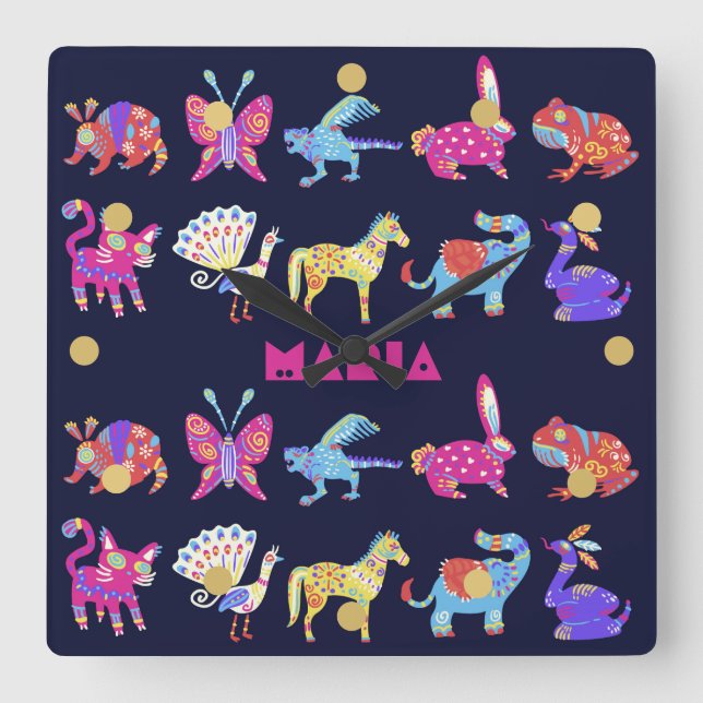 Reloj Cuadrado Animales mexicanos de Alebrije personalizados arte (Anverso)