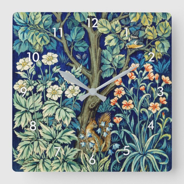 Reloj Cuadrado Animales y flores, bosque, William Morris (Anverso)