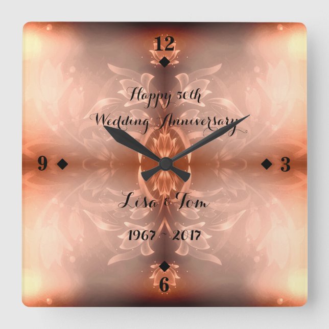 Reloj Cuadrado Aniversario de boda floral de oro de Brown 50.o (Anverso)