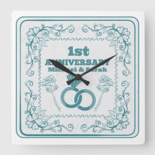 Reloj Cuadrado Aniversario de boda floral personalizable año