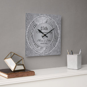 Reloj Cuadrado Aniversario de Bodas de Diamantes y Plata 25 años