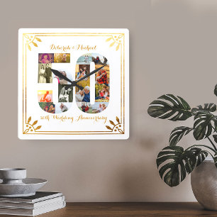 Reloj Cuadrado Aniversario de Bodas de Oro Arte Deco Foto Dorada