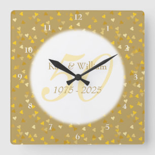Reloj Cuadrado Aniversario de Bodas de Oro Corazones de Confeti