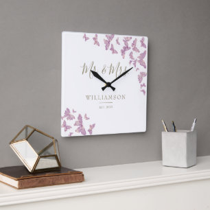 Reloj Cuadrado Aniversario de la elegante mariposa de oro morado