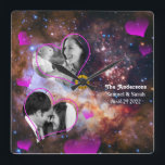 Reloj Cuadrado Aniversario de las Estrellas de Galaxy, Collage de<br><div class="desc">Reloj de pared: boda personalizada,  aniversario,  reloj de fotos de San Valentín con estrellas del diseño de Galaxy. Personaliza tus fotos favoritas y crea un hermoso collage para capturar momentos especiales de tu vida. Cambia los textos a los tuyos,  incluido el poema. Fondo galáctico del telescopio Hubble - Westerlund2.</div>