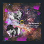 Reloj Cuadrado Aniversario de las Estrellas de Galaxy, Collage de<br><div class="desc">Reloj de pared: boda personalizada,  aniversario,  reloj de fotos de San Valentín con estrellas del diseño de Galaxy. Personaliza tus fotos favoritas y crea un hermoso collage para capturar momentos especiales de tu vida. Cambia los textos a los tuyos,  incluido el poema. Fondo galáctico del telescopio Hubble - Westerlund2.</div>