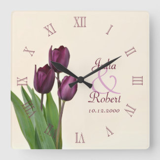 Reloj Cuadrado Aniversario de los tulipanes morados