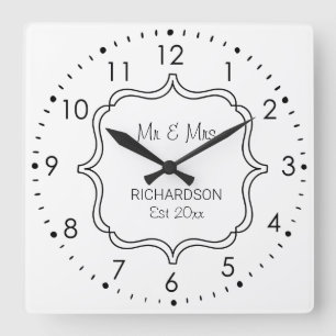 Reloj Cuadrado Aniversario del Boda blanco y negro