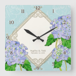 Reloj Cuadrado Aniversario del Boda de Blue Hydrangea