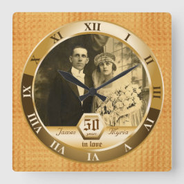 Reloj Cuadrado Aniversario del Boda Dorado Foto Personalizado Amb