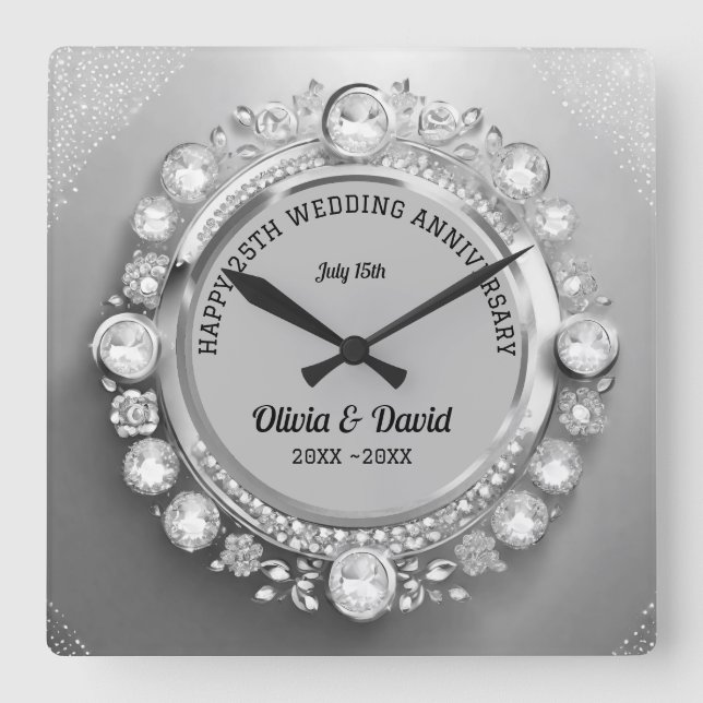 Reloj Cuadrado Aniversario del Boda Sparkle Silver Diamontes (Anverso)
